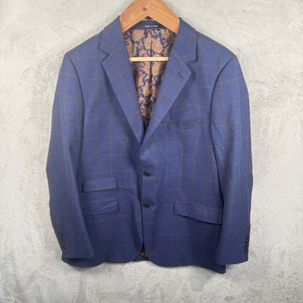 Alan Flusser Blazer Mens 40R Blue Plaid Windowpane Paisley Lined Sport Coat